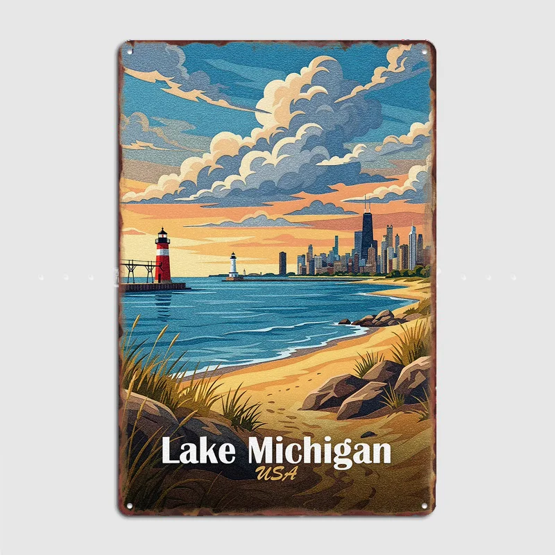 

Lake Michigan Scenery Travel Poster Metal Sign Bar Custom Bedroom Indoor Home Wall Decor Posters Room Decoration