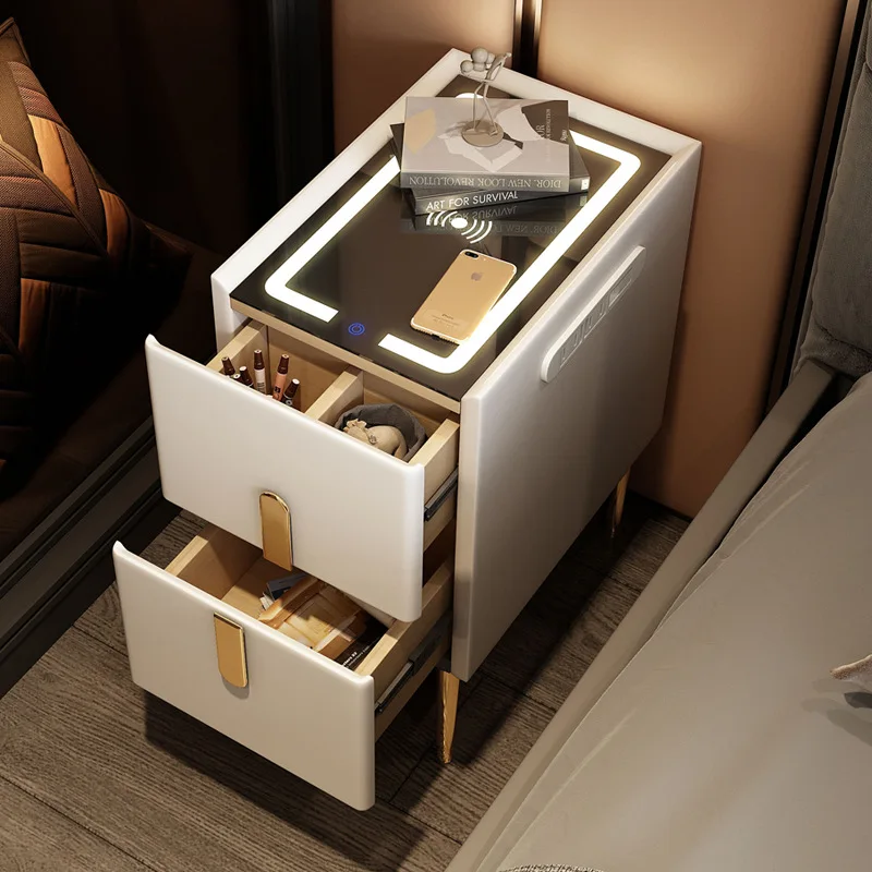 Modern Simple Leather Bedside Table with Smart Charging Function Solid Wood Storage Cabinet Luxury Nightstand for Bedroom