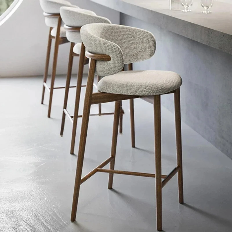 Nordic Light Luxury Solid Wood Bar Chairs Modern Home Kitchen High Bar Stools Designer Fabric Backrest Stools for Bar Furniture