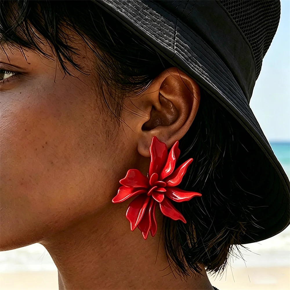 

ZAA Exaggerated Red Resin Flower Earrings for Women Oversized Embossed Floral Drop Earrings Holiday Party Jewelry Gifts