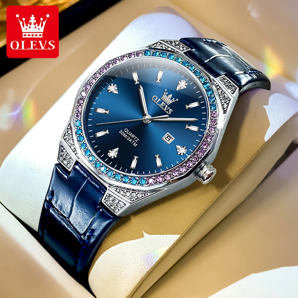 OLEVS 5606 Luxury Ladies Quartz Watch Dazzling Diamonds Luminous Calendar Waterproof Leather Strap Elegant Watches Women Gifts