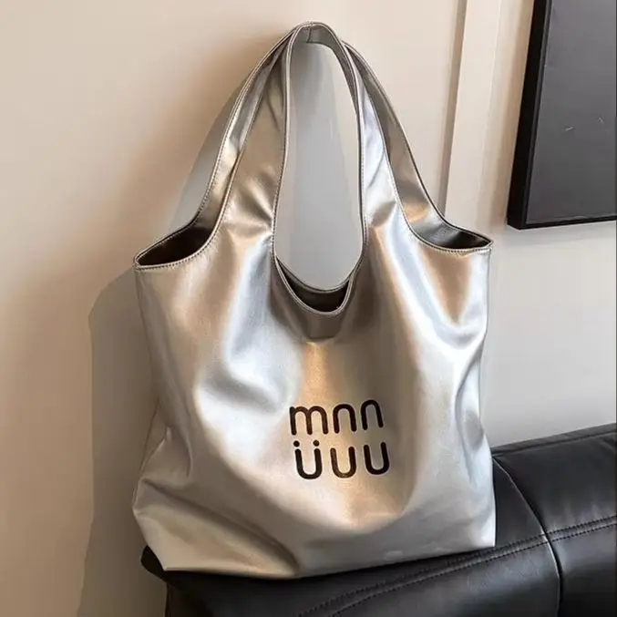 Bolso de mano tipo cubo de gran capacidad para ocio para mujer, nueva tendencia, bolso tipo shopper para ir al trabajo, bolso de clase para estudiantes universitarios plateado