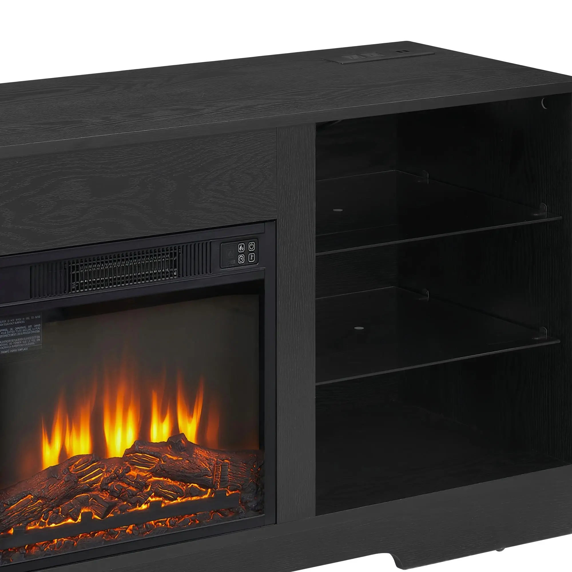 Modern for tv Stand with Electric Fireplace & Lights, Glass Shelves, USB Charging - Fits TVs Up to 62”, Black 58”W x 15.5”D