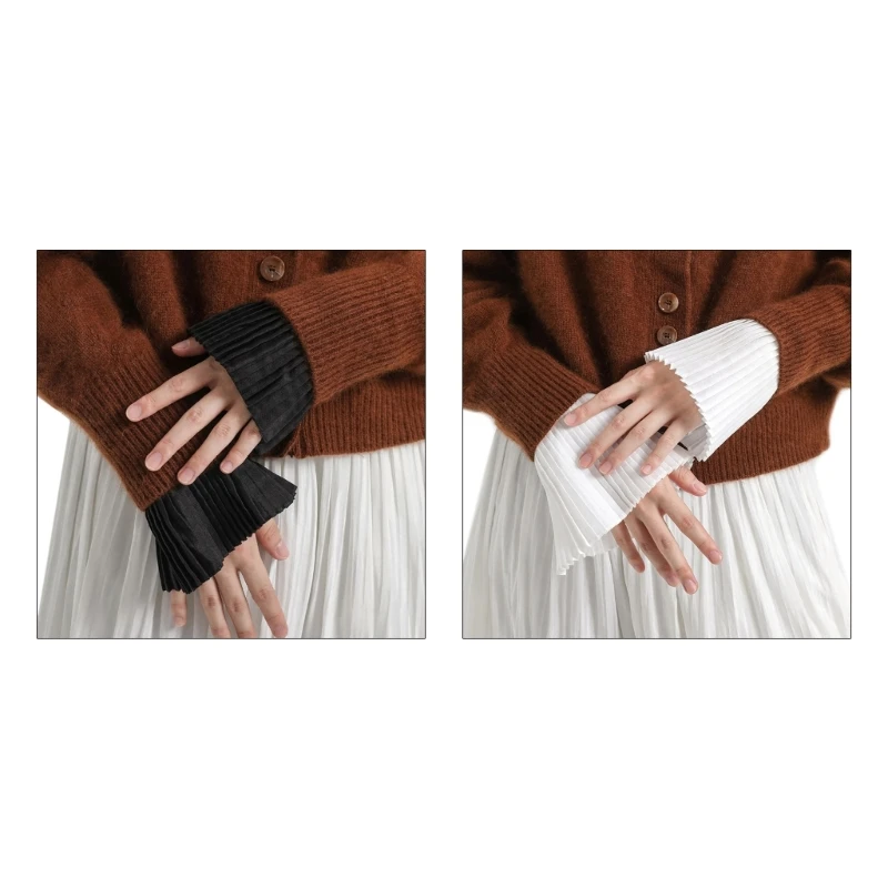 

Women Detachable Pleated Wrist Cuffs Girls Solid Color Elegant Shirt Sweater Decorative Sleeve Maid Cosplay Wrist Ornaments