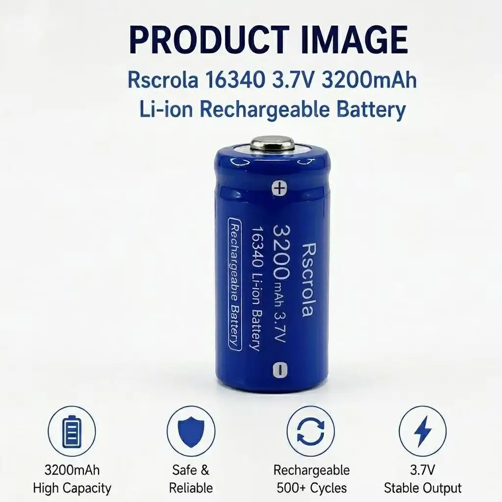 3.7V 16340 Li-ion Rechargeable Battery 3200mAh with USB Charger, Protected Circuit for LED Flashlight, Headlamp, Laser, Toys