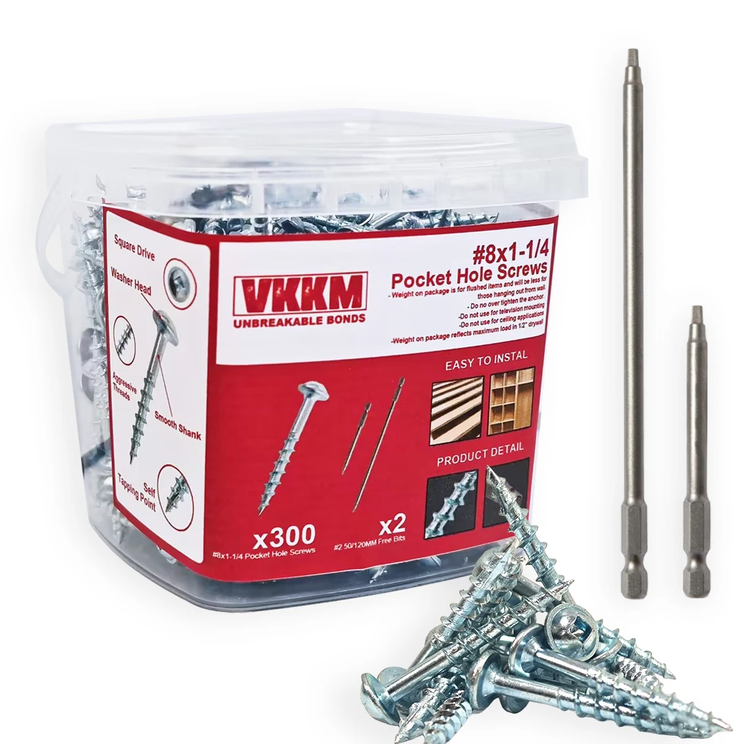 VKKM Heavy Duty Pocket Hole Screws - 300-Piece Set with 2 Screwdriver Bits, Easy Installation for Unbreakable Bonds