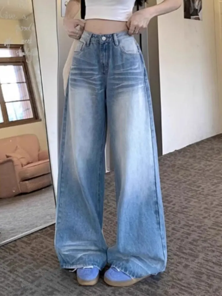 

Retro Faded Wide Leg Denim Jeans High Waist Loose Floor-Length Straight Leg Long Pants for Women Early Spring New Style