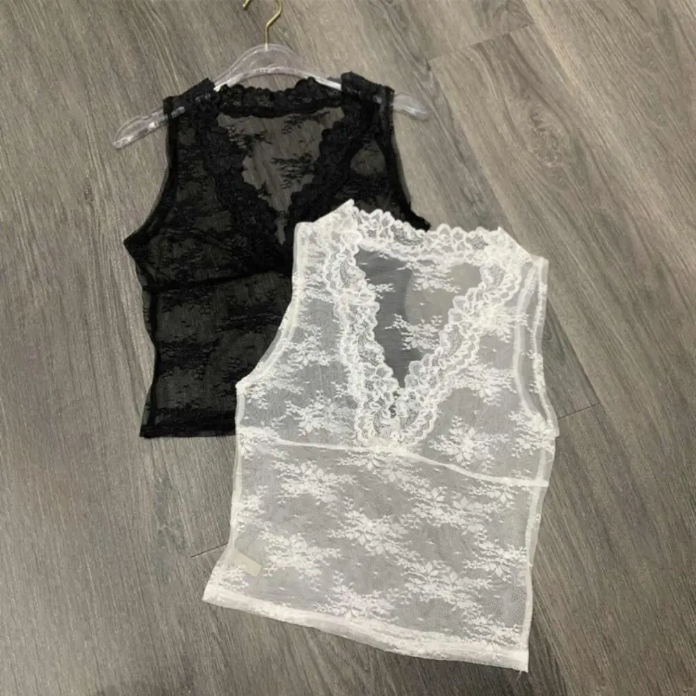 Elegant V Neck Lace Base Shirt Hollow Out Transparent See Through Crop Top Sleeveless Lace Mesh Vest Spring Summer