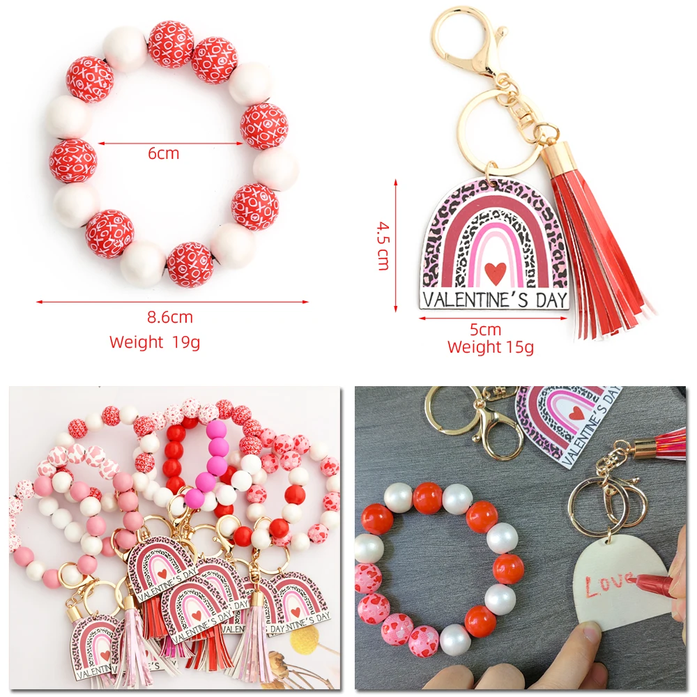 Gift 2024 Wood Beads Bracelet Keychain Pu Leather Tassel Geometry Sewing Love DIY Wristlet Key Ring for Valentine's Day