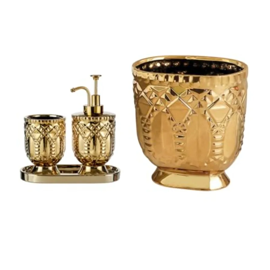 

Gold Baroom cessories 4pcs Slish Baroom cessories Set Gold So Dispenser Pump Tumbler So Dish and Trash Can Modern Decor Wavy De