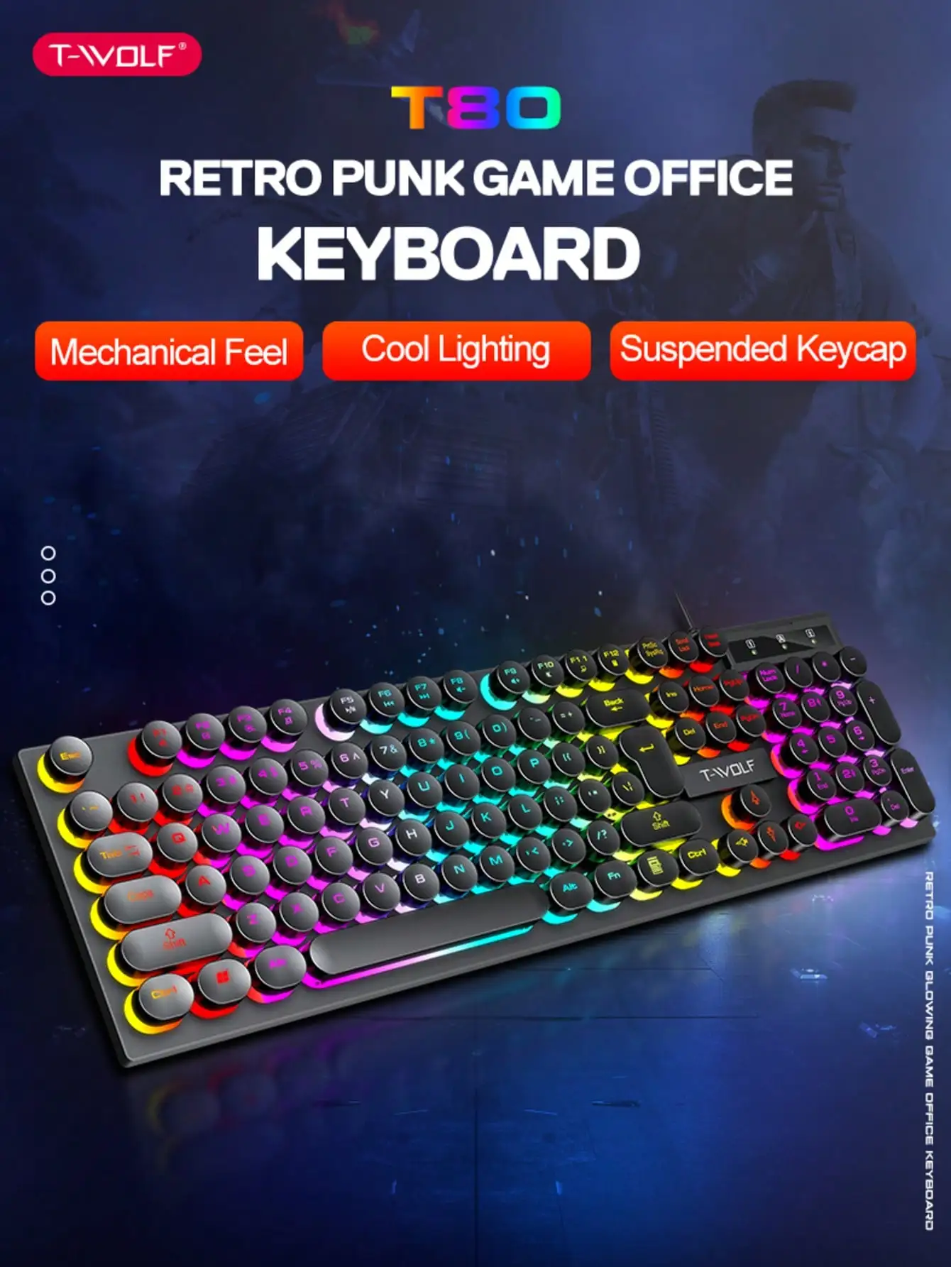 T80 single keyboard luminous backlight color colorful wired gaming keyboard character luminous cross-border