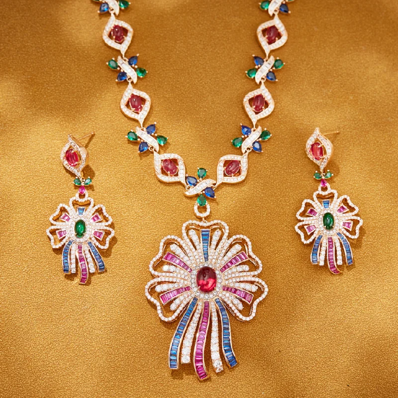 

Designer Collection Dinner Party Earrings Long Necklace Inlay Cubic Zircon Silk Ribbon Flower Pendant Jewelry Sets