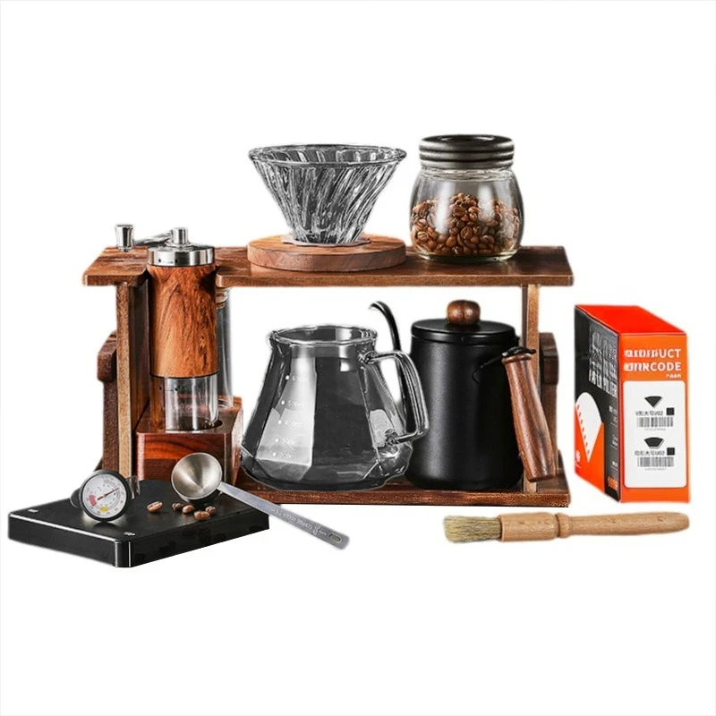 

Hand brew coffee pot set Premium wooden stand Home coffee utensils Full set Hand grinder Hand grinder