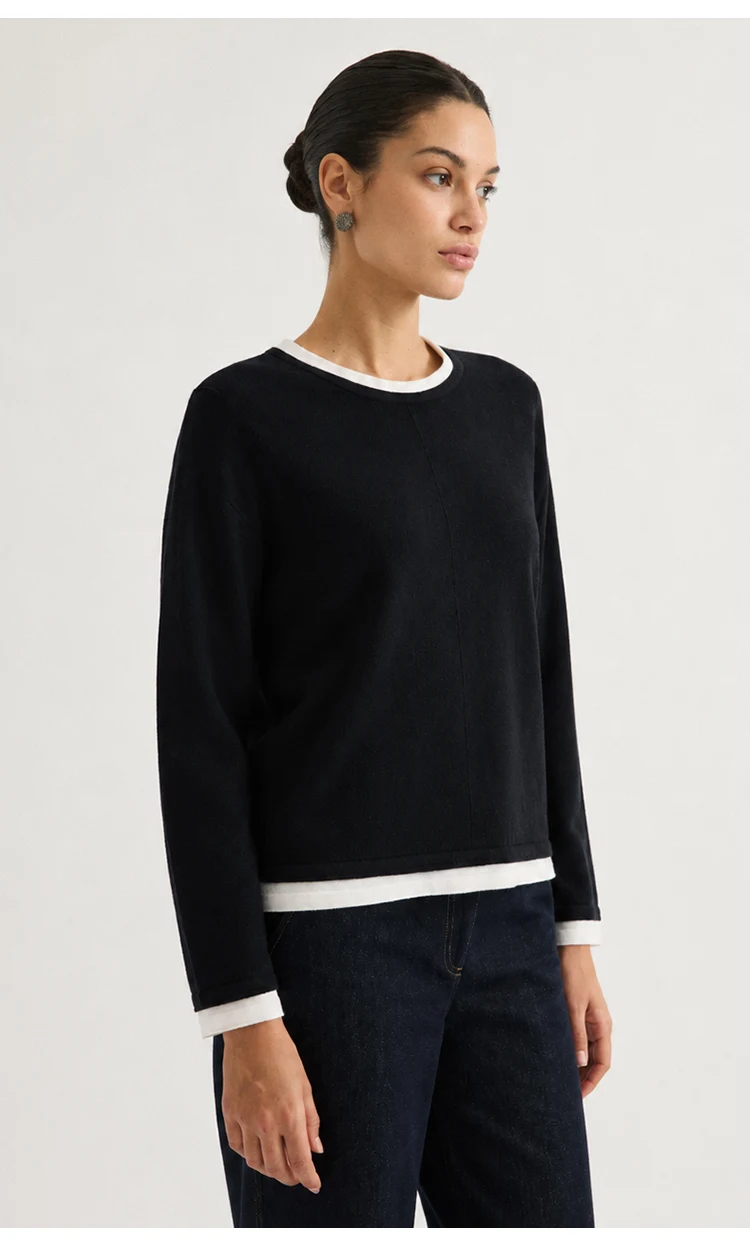 ML62039 Damen-Strickpullover mit Rundhalsausschnitt, Langarm, Zweiteiler-Optik, Kontrastfarbener Besatz, Lässiger Pullover für Herbst und Winter – Detail 5