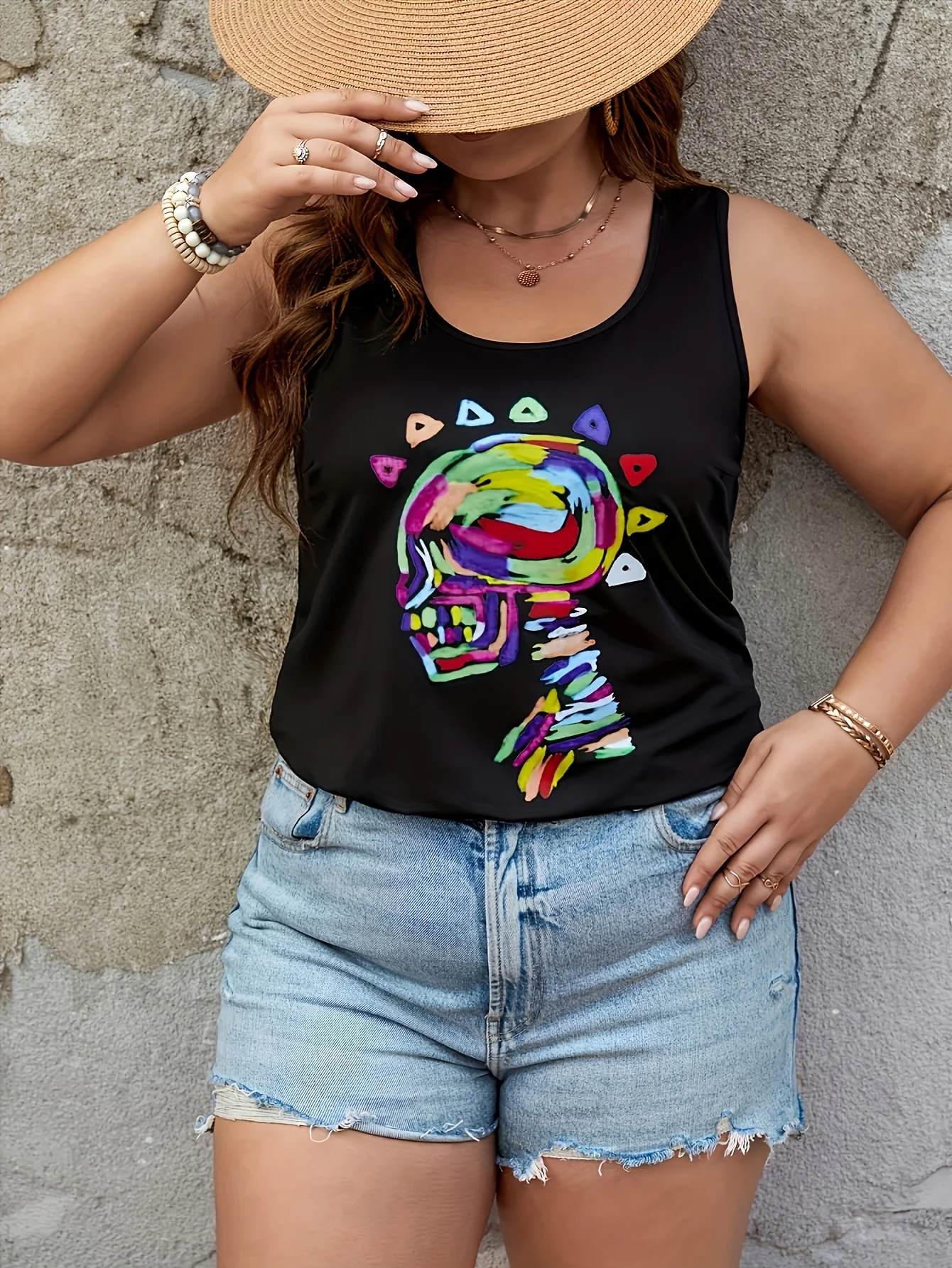 قميص نسائي بدون أكمام مقاس كبير أسود كاجوال صيفي بدون أكمام مع طباعة جرافيك كرتونية ملونة ورقبة دائرية آلة اشا