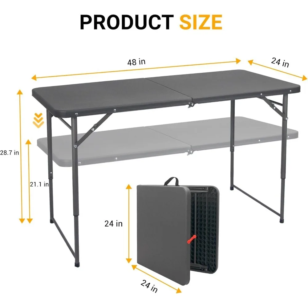 Mesa dobrável portátil de 4 pés, mesa utilitária dobrável ao meio de plástico resistente, pequena altura ajustável para ambientes internos e externos