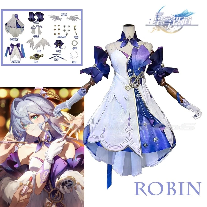 Honkai Star Rail Cosplay Robin Cosplay Costume Dress Uniform Wings Headwear Singer Brother Sunday Halloween Party Women Prop