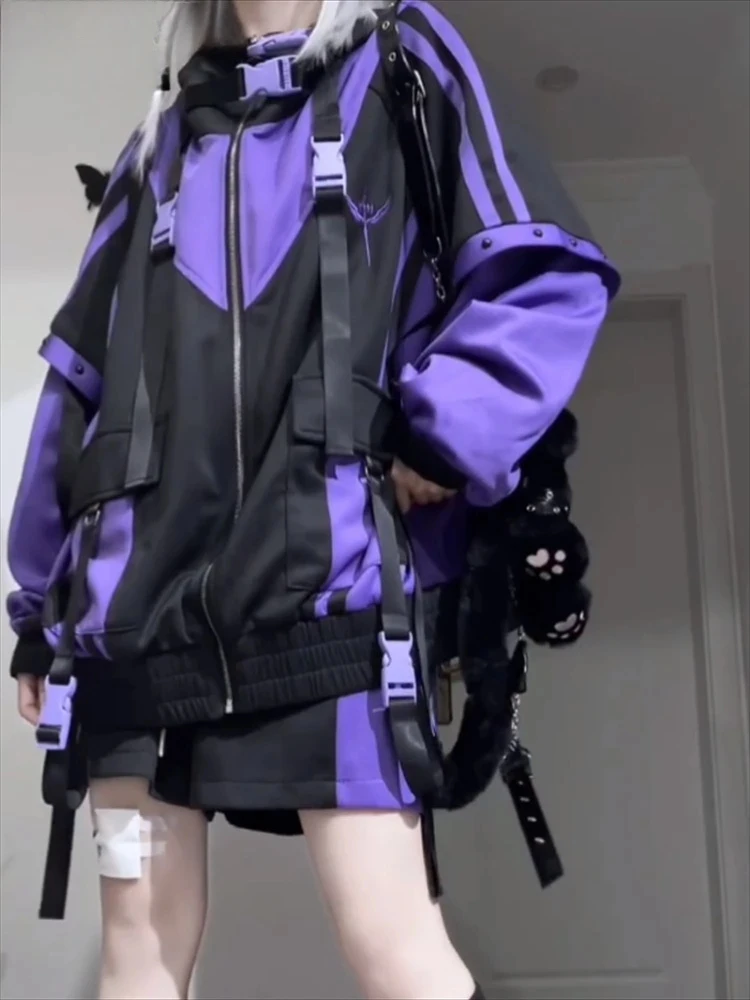 Contrast Zipper Oversized Hooded Jacket Women Y2K Punk Japanese Harajuku Subculture Casual Street Loose Daily Outer Garment