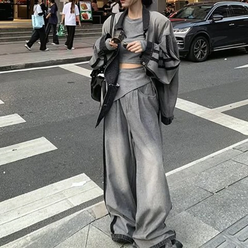 

Осенний новый нишевый модный комплект из двух предметов в американском стиле ретро, уличная джинсовая куртка с длинными рукавами, длинные брюки в пол с высокой талией