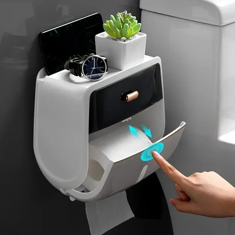 Portarrollos de papel higiénico, caja de almacenamiento de gran capacidad de doble capa, caja de pañuelos impermeable montada en la pared, accesorios de baño, 1 ud.