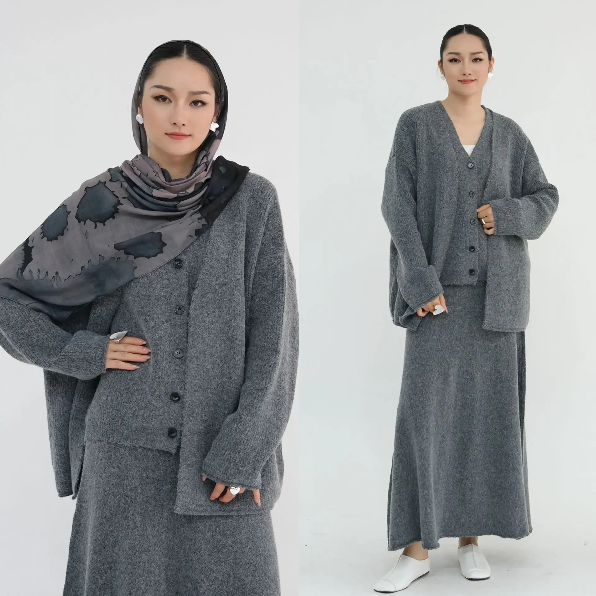 

Women 3 Piece Set Muslim Warm Knit Waistcoat Sweater Vest Long Skirt Autumn Winter Outfits Islam Clothing Dubai Abaya Dress New