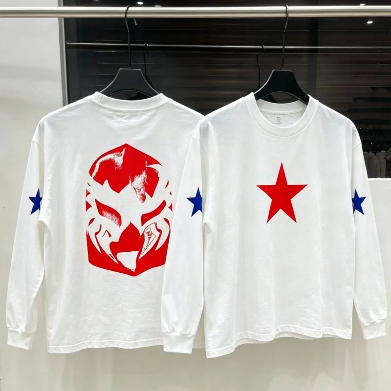 American Streetwear Oversize Kanye Bully Long Sleeve Tshirt Men Women Breathable Cotton Eagle Face Mask Five Star Tops Outfit
