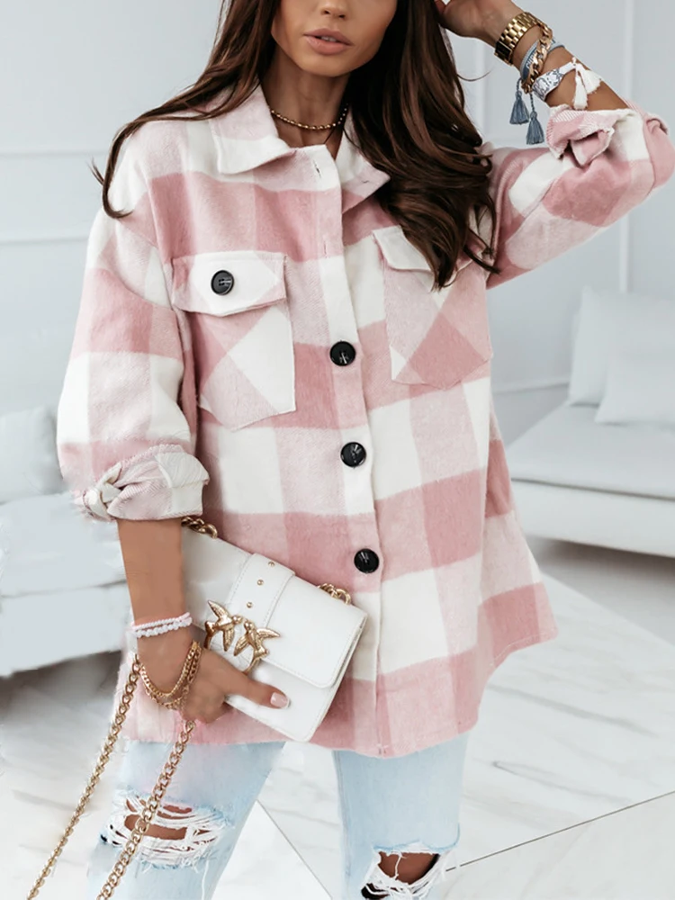 

Casual Plaid Jacket Women Elegant Vintage Long Sleeve Coats Female Winter Loose Shirt Jackets Lady Stylish Chic Wool Outerwear