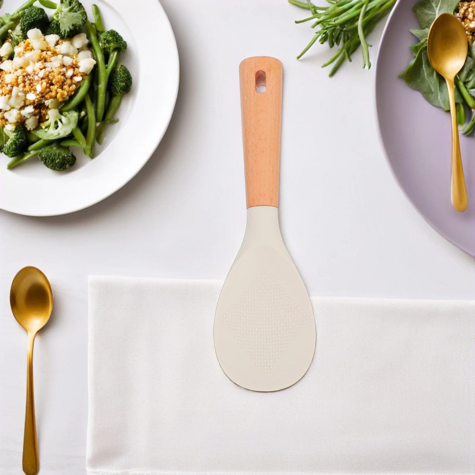 

2Pcs Silicone Rice Scoop Non Stick Spatula with Wooden Handle for Cooking Serving and Sushi Making Silicone Rice Spoon