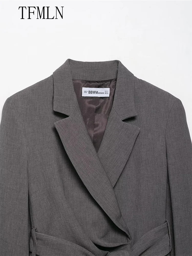 جديد 2025 الخريف المرأة السترة معاطف مع حزام موضة محززة كم طويل شيك سترات كاجوال مكتب سيدة الصلبة أبلى القمم