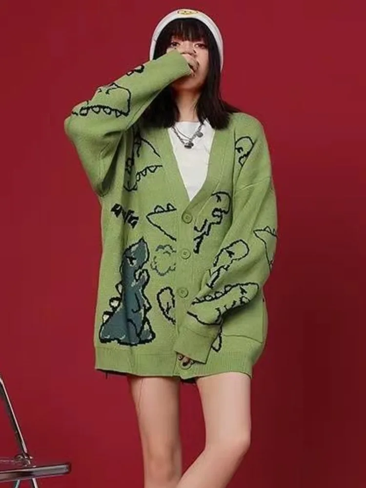 Oversize V-neck Cartoon Dinosaur Sweater Cardigan Coat Women Men Autumn Winter Loose Lazy Style Outerwear Baggy Vintage Knitwear