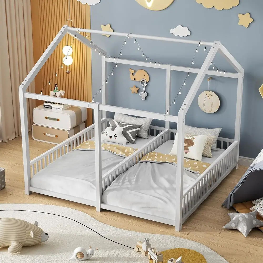 سرير مزدوج على الطراز مونتيسوري مع حاوية وسقف للاستخدام المشترك للأطفال والمراهقين والفتيان والفتيات، سهل التجميع، بدون صندوق Sp