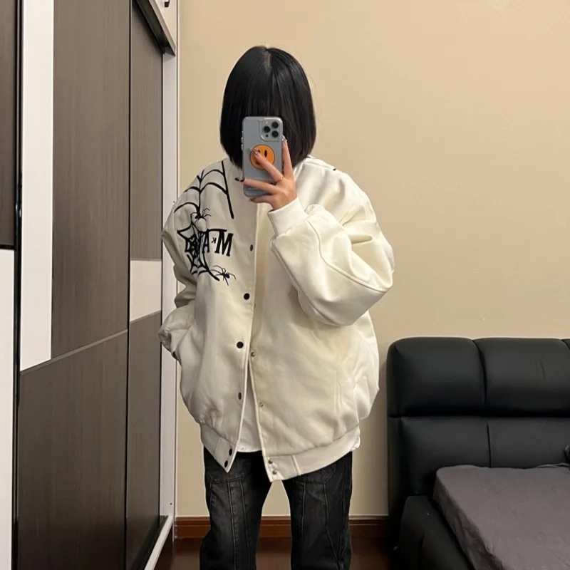 Jaquetas femininas outono inverno mais veludo espessamento bordado streetwear baggy aconchegante all-match americano retro unisex casal chique