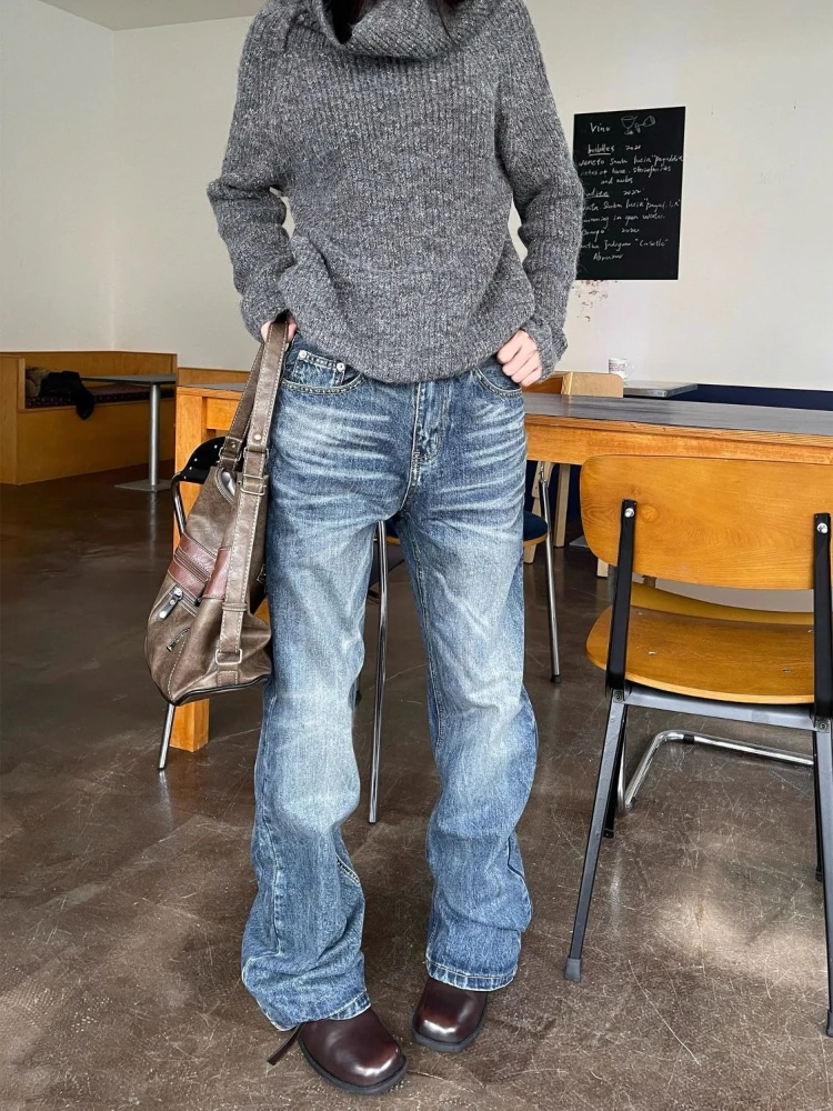 

HOUZHOU Vintage Distressed Jeans Women Y2k Blue Embroidery Washed Denim Trousers American Retro Grunge Baggy Straight Pants