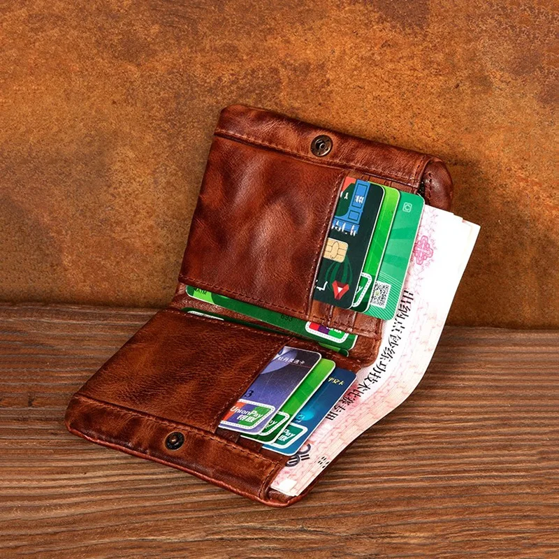 Original top layer cowhide key bag, retro business casual short coin purse, unisex vertical wallet