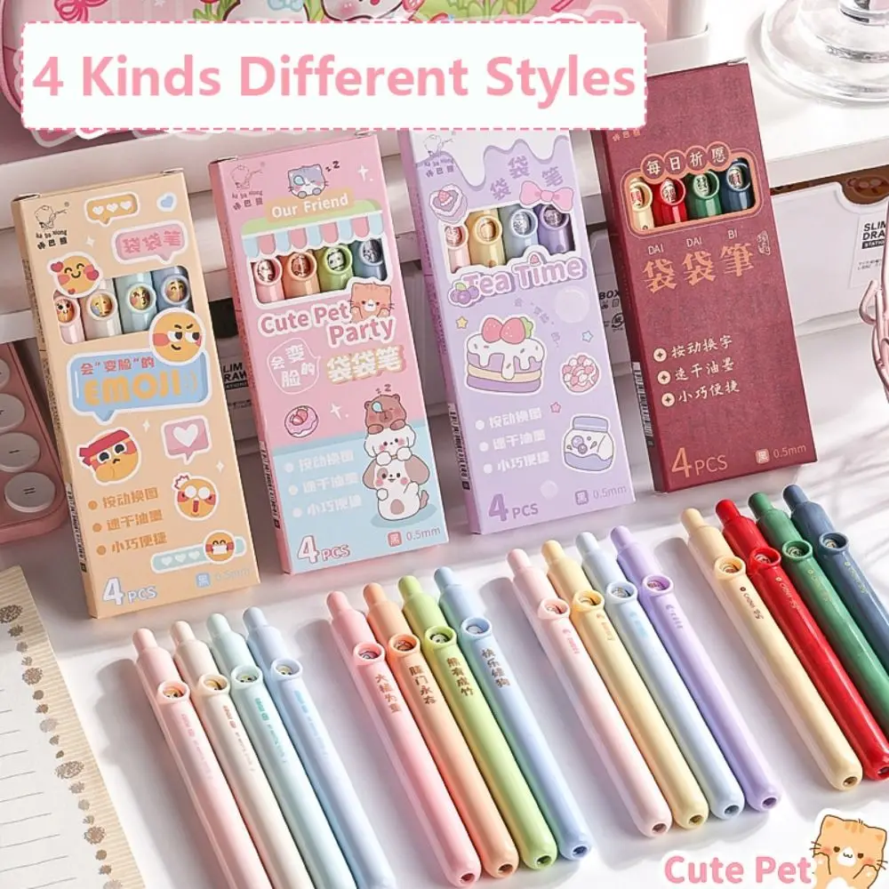 

4PCS/Set Quick-drying Pocket Pen Capybara Panda Mini Short Pen Smooth Writing Stationery 0.5mm Black Ink Ballpoint Pen Gift