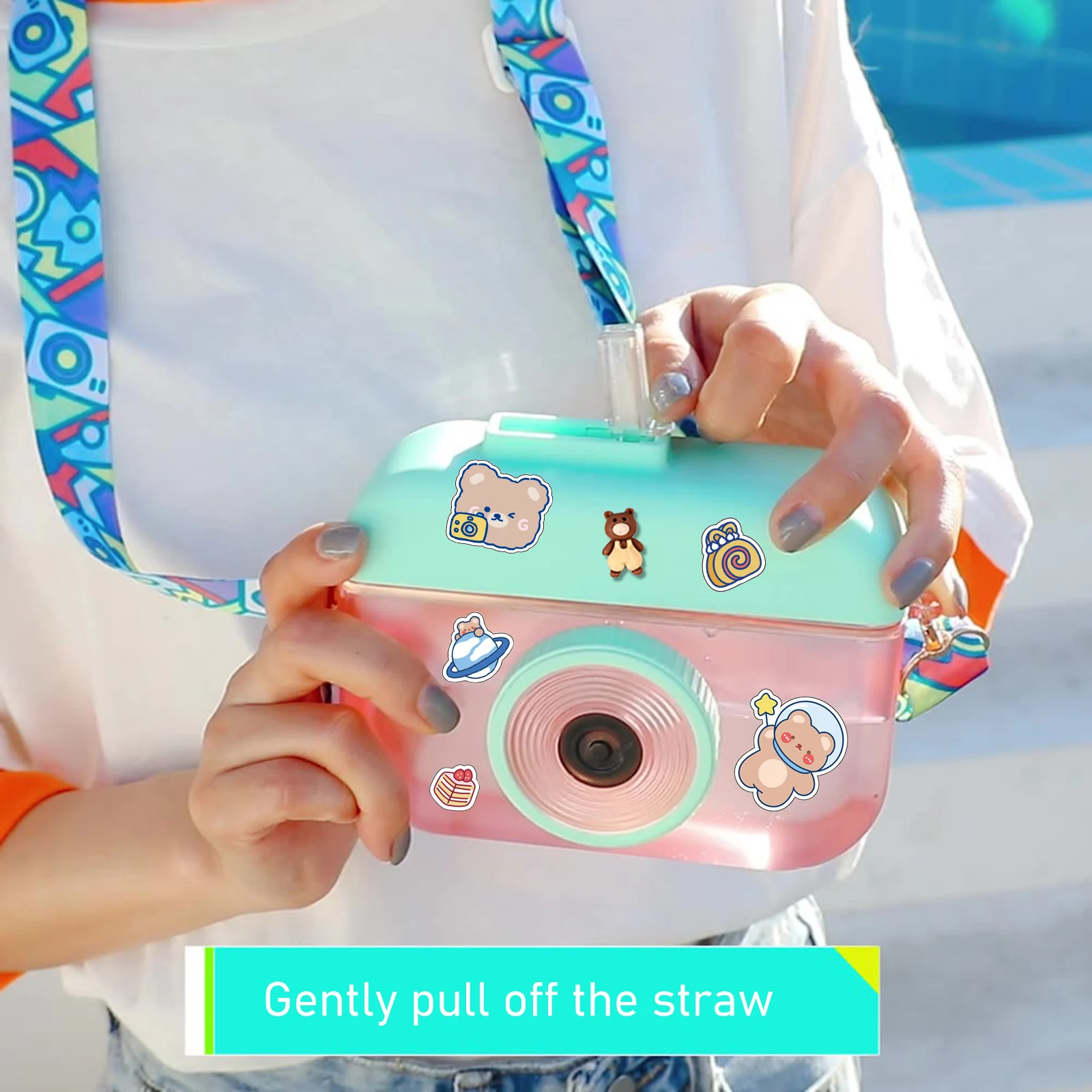 Cute cartoon camera water cup personality Portable Plastic Water Bottle with Straw and Adjustable Strap Free BPA Shopping Item