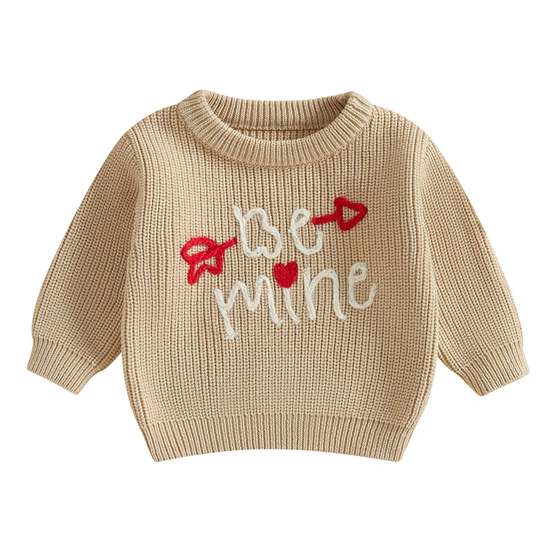 Cathery Girls Boys Valentine's Day Knit Sweater Long Sleeve O Neck Letter Heart Arrow Embroidery Pullover Knitwear