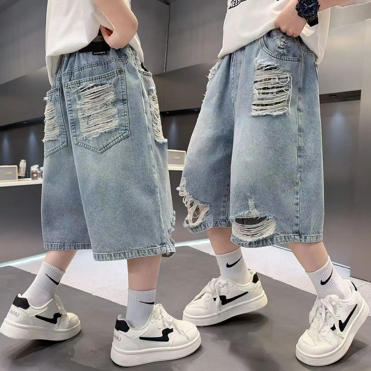 Cool Stylish Kids Boys Broken Denim ShortsStreet Design Destroyed With Holes Children Fashion Streetwear Knee Length Capris