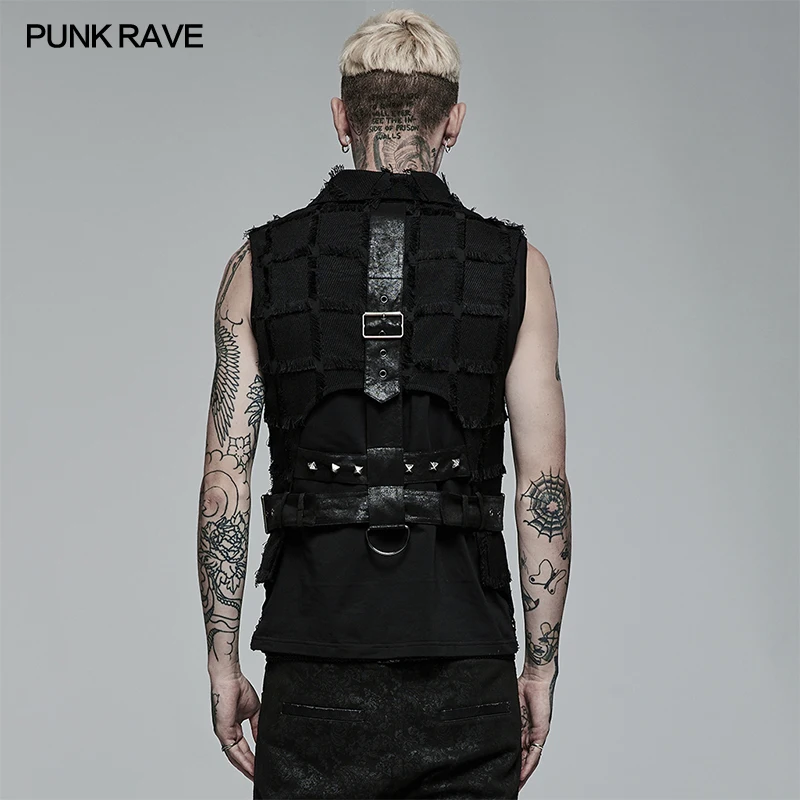 Punk Rave Black Rock Men\'s Gothic Asymmetric Vest WY1377,Bold hollow out design at the back