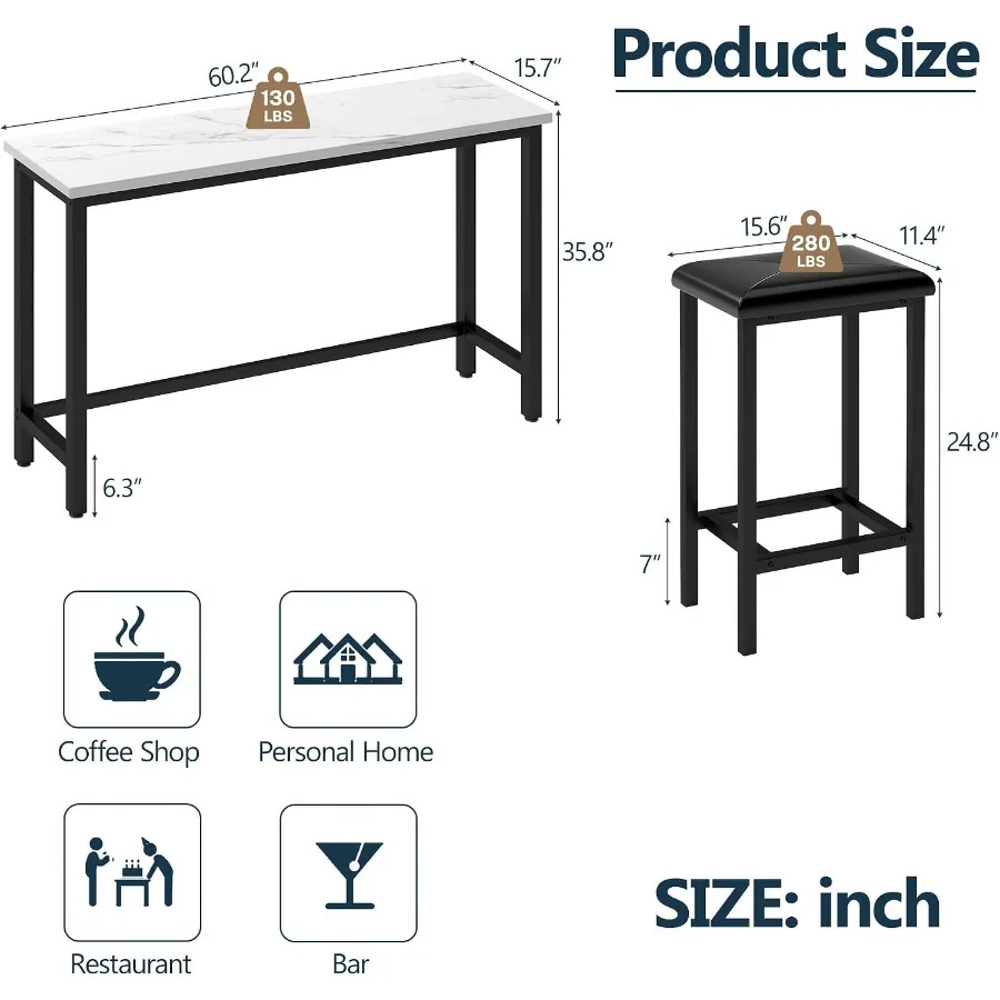 4-Piece Bar Table and Chairs Set with 3 PU Upholstered Bar Stools, 60.2