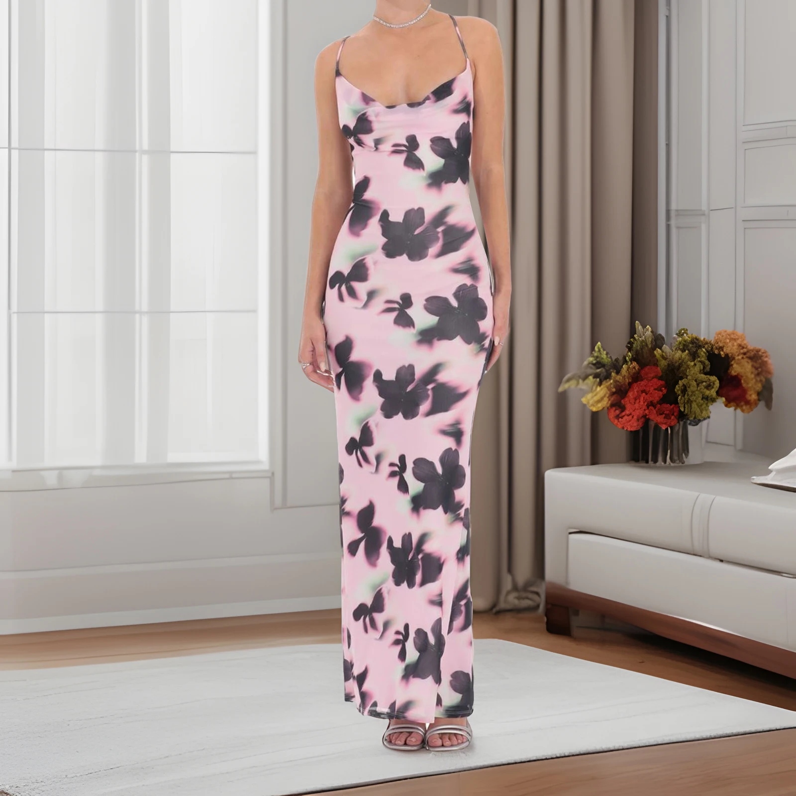 Nuevo vestido camisola con estampado Floral de verano para mujer, sin mangas, con tirantes finos, cuello vuelto, espalda cruzada, vestido largo ajustado S M L