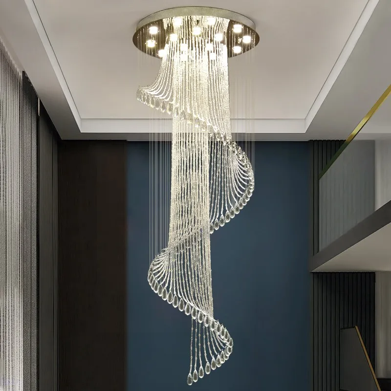 2026 New Round Duplex Staircase Rotating Chandelier Modern Minimalist Villa Luxury Hotel Hollowed Out Long Crystal Lamp