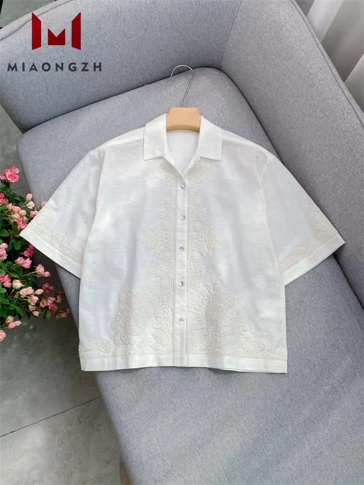 

High Quality Cotton Linen Blend Embroidery Luxury Shirt Women's Short Sleeve White Fashion Top Ladies Lapel Loose Casual Blouse