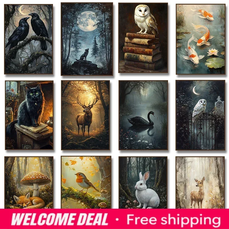 2026  Vintage Moth Fox Wolf Swan Raven Deer Owl Book Mushroom Poster Dark Academia Gothic Rustic Aesthetic Nature Wall Art Ho