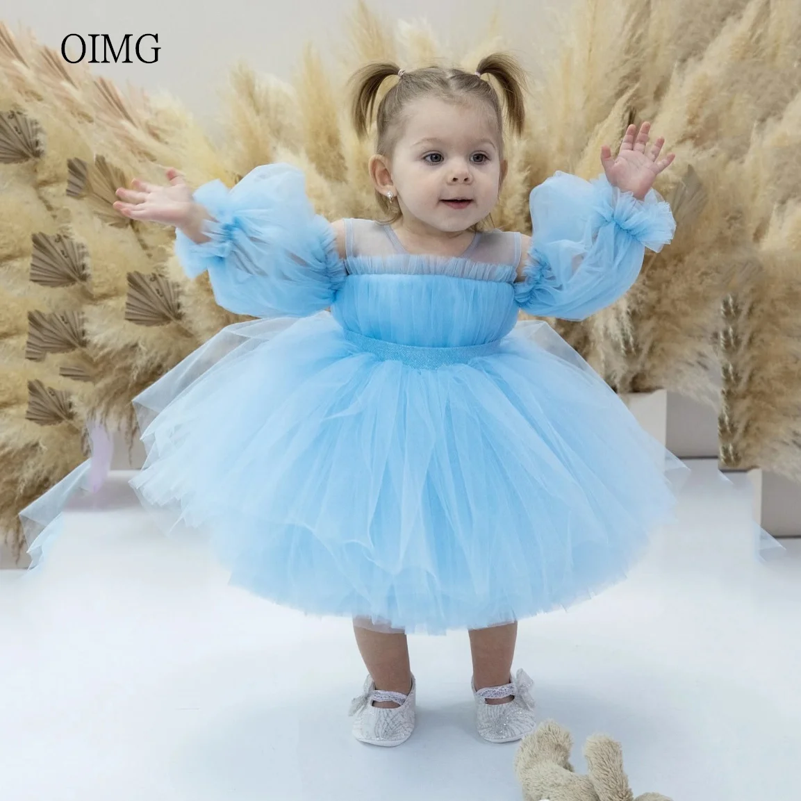 

OIMG Classic Blue Ball Flower Girl Dresses Tulle O Neck Gown Wedding Party Dress Lantern Sleeves Birthday Dress Customized