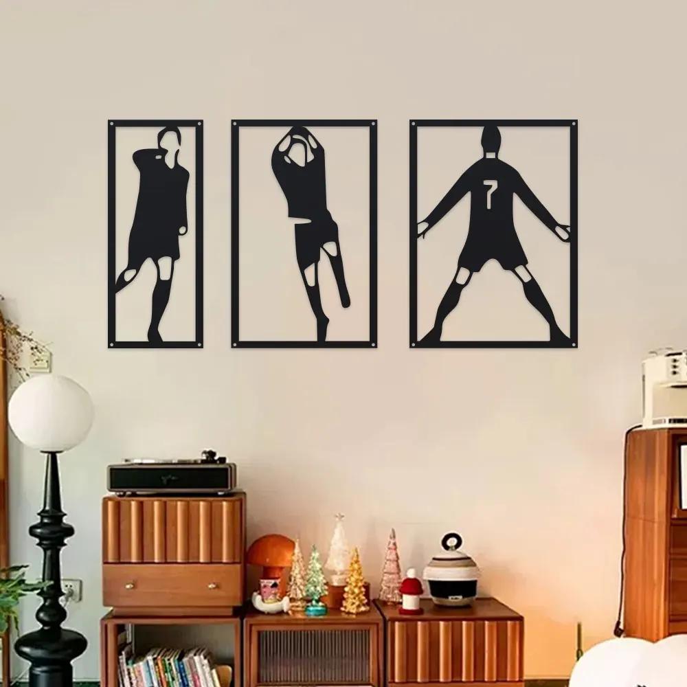 2D Metal Ronaldo 3 Pieces Metal Wall Art Set Modern Black White Abstract Football Star Metal Wall Decor for Bedroom Living Room