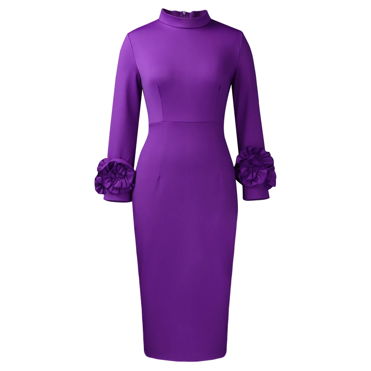 

Elegant OL Long Sleeve Dress C8638 Polyester Fiber High Waist Floral Embellishment Slim Fit Midi Dress for Business Women