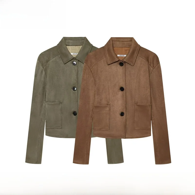 Early Autumn New Women's Fashionable All-Match Turn-down Collar Button Short Coat ZR Style Polyester Fiber Slim Fit Long Sleeve