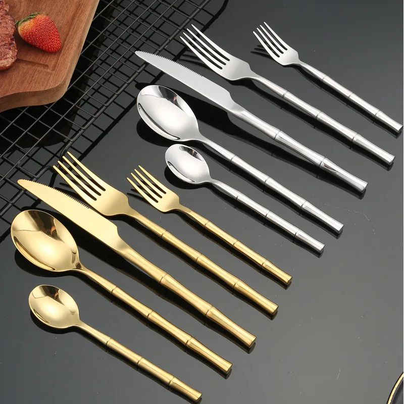 Thickened Stainless Steel Steak Knife Imitation Bamboo Handle Dining Fork Spoon Western Tableware Cutlery Set Household