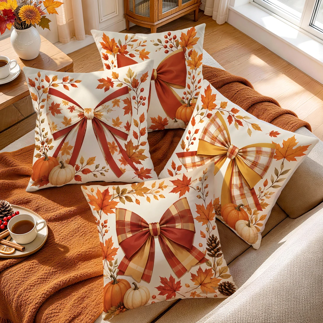 Autumn Plaid Bow Pumpkin Cushions Pillowcase Polyester Cushion Cover Throw Pillow Pillowcover Home Car Sofa Decor